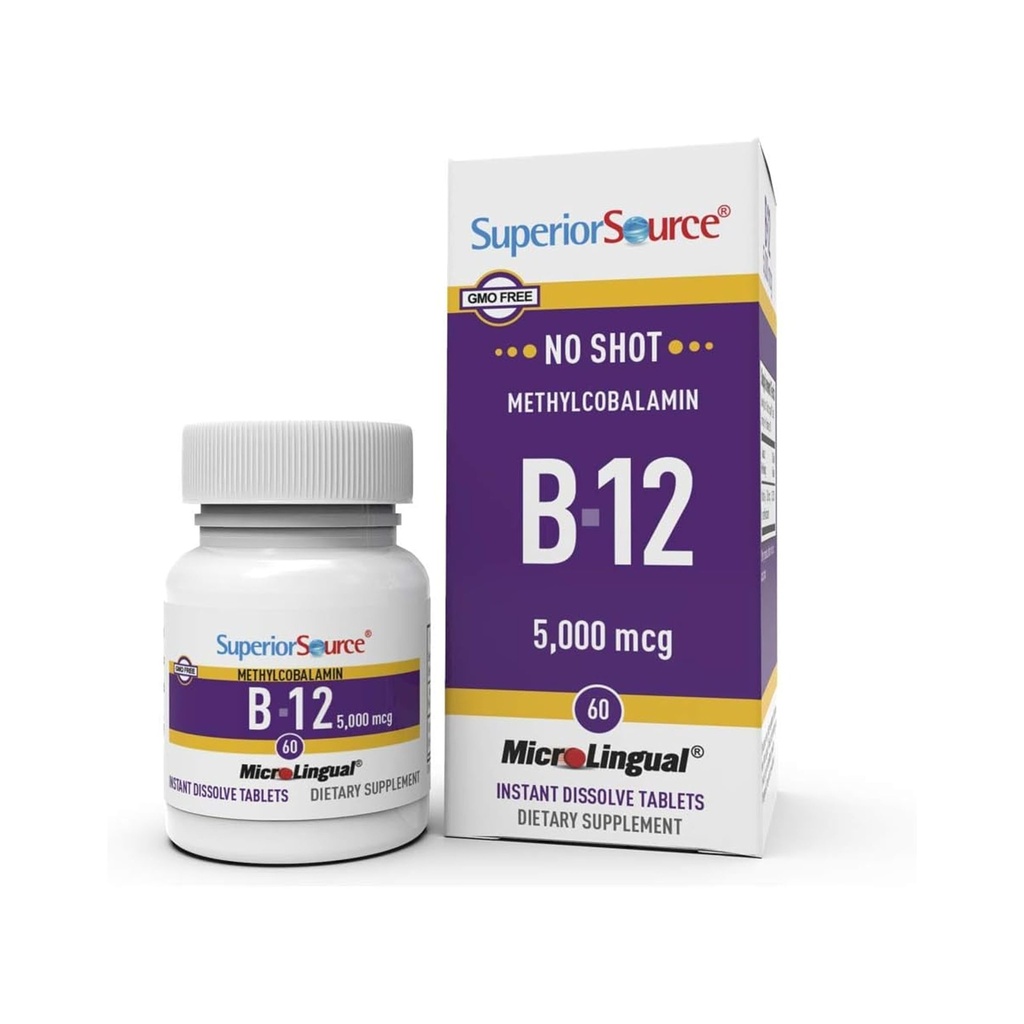 Superior Source No Shot Methylkobalamin B-12 5000 mcg - Vitamin B-12 na podporu výroby energie, Brain Health & Celkově Wellness - Sublingvální tablety pro rychlou absorpci - 60 Rozkládací tablety