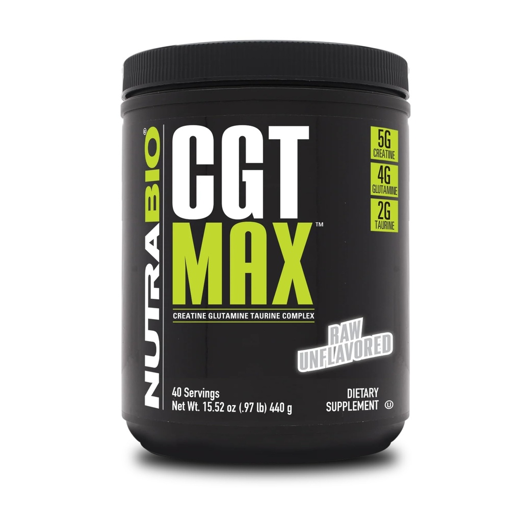 NutraBio CGT-MAX Powder-Creatine, glutamin a Taurin na podporu svalové obnovy a síly - 40 Služeb - Neochucené