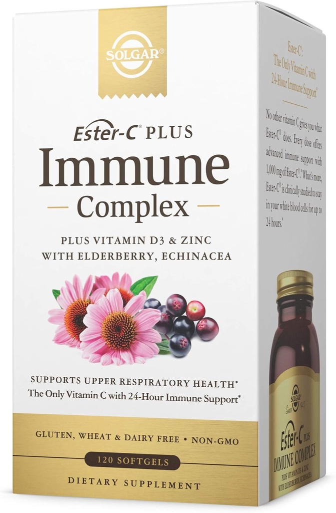 Solgar Ester- C Plus Imunitate Complex -120 Softgels, 24- hodinová imunitní podpora, podporuje horní respirační zdraví - Plus D3, zinek, Elderberry & Echinacea - Non- GMO, Gluten Free, Dairy Free - 60 Služeb,