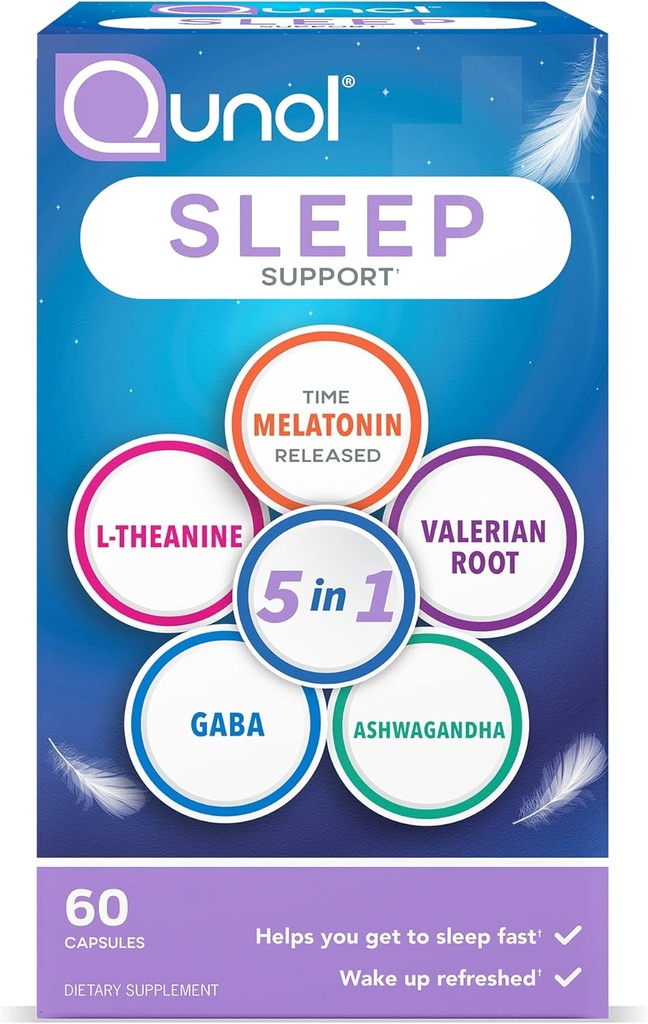 Qunol Sleep Support, 5 in 1 Non- Habit Forming Sleep Aid, Doplněk s time- propuštěn melatonin 5 mg, Ashwagandha, GABA, Valerian Root, L- Theanine, 60ct Kapsle