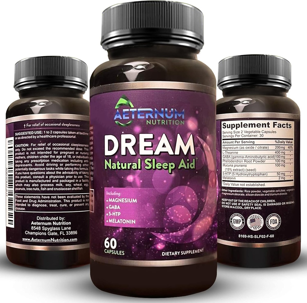 Dream přírodní spánkový doplněk pro dospělé - Relaxační spánek, Wake Rested - Nenávykové spánkové kapsle bez cukru, sacharidy - Melatonin, hořčík, 5HTP, L-theanine, GABA- Non- GMO 60 Spící pilulky