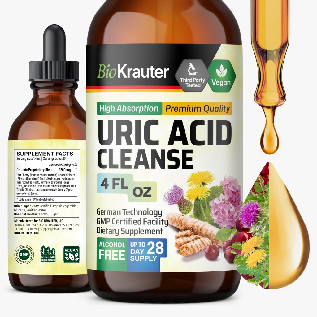 BIO KRAUTER Uric Acid Support Tincture - Natural Kidney Supplement w / Tart Cherry, Milk Thistle, Turmeric Herbal Liquid Extrakts - Vegan Drops 4 Fl.Oz.