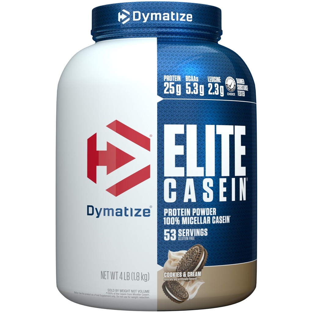 Dymatizovat Elite Kasein Protein Powder, Cookies & Cream, 100% Micellar Casein, 25g Protein, 5.4g BCAA, 2.3g Leucin, Pomalé absorbování pro přes noc Muscle Recovery, 4 LB (53 Servings)