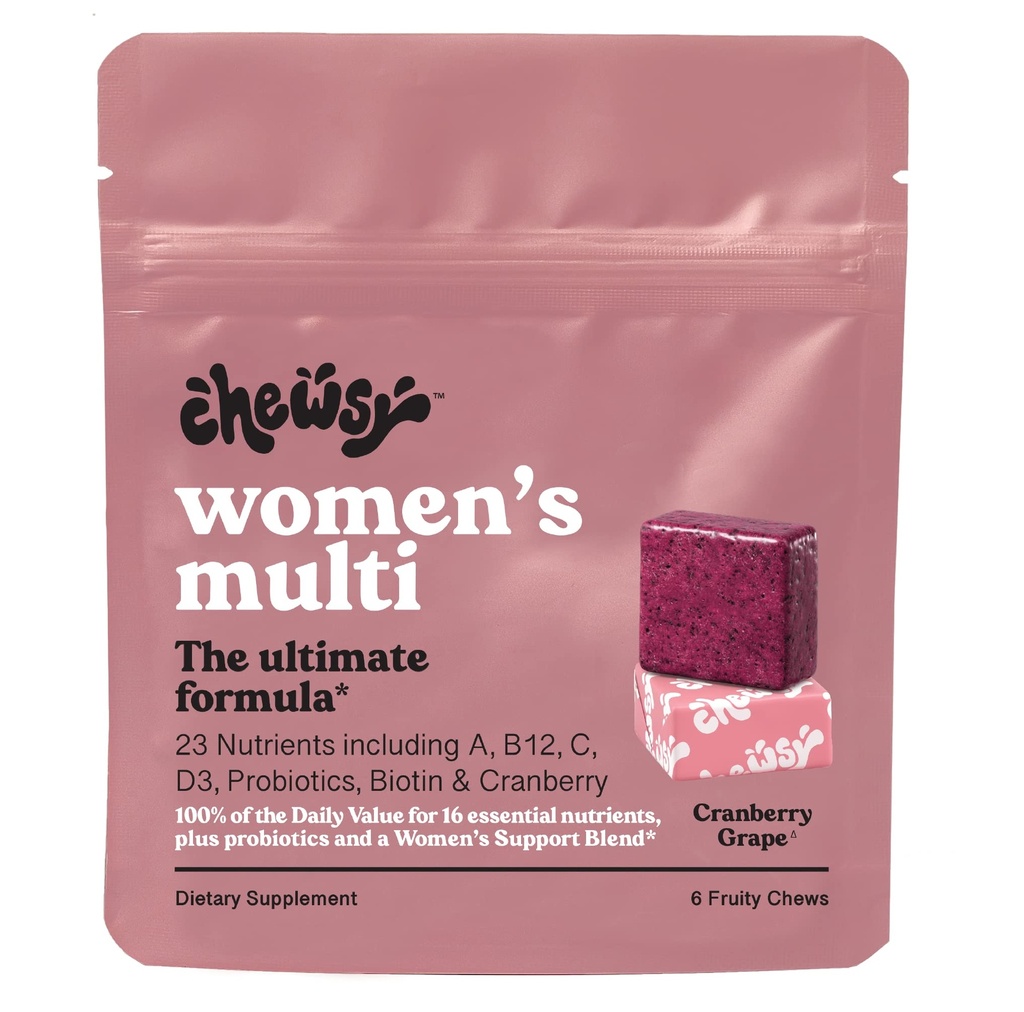 Chewsy - Ženské multivitaminové žvýkačky - Imunitní a energetická podpora, Vitaminy C, B12, A, D, E, kyselina listová, probiotika, biotin - 6denní dodávky