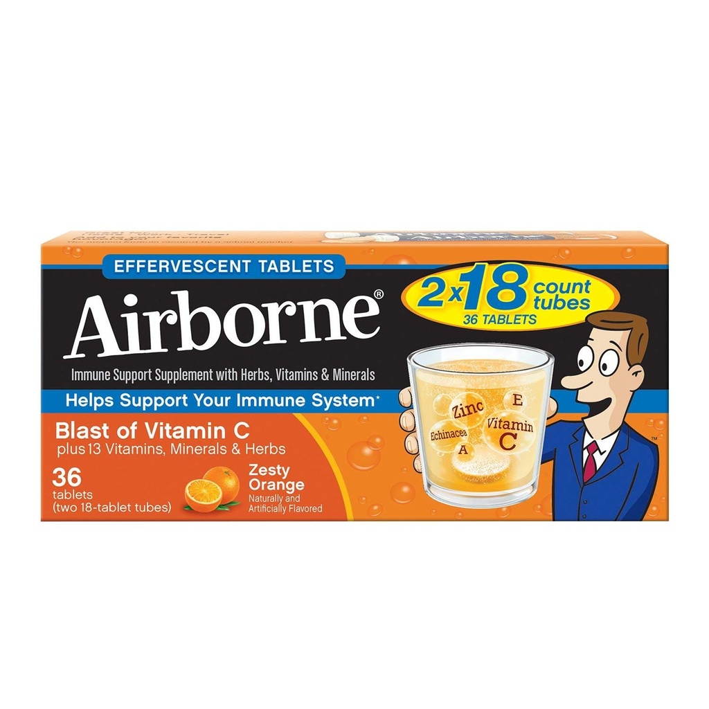 Vitamin C 1000mg (na porci) - Airborne Zesty Orange Effervescent Tablety (36 počítat v krabici), gluten- Free Imunitary Support Supplement a High in Antioxidants