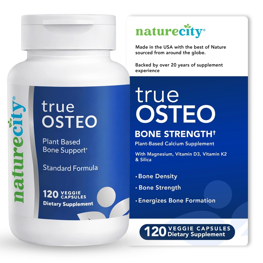 NatureCity True- Osteo Plant- Based Supplement for Bone Strength 124; AlgaeCal Calcium & Magnesium, Plant- Based Vitamin D3, Vitamin K2, Silicon Clant124; Gentle on Stomach (120 Veggie Kapsle)