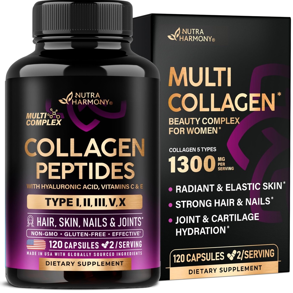 Multi kolagenové peptidy - Hydrolyzované typy I, II, III, V & X - Kolagenový dodatek pro ženy 1300mg - w / Hyaluronic Acid, Vitamíny C & E - Kůže, vlasy, nehty a společná podpora - Vyrobeno v USA, 120 Kapsle