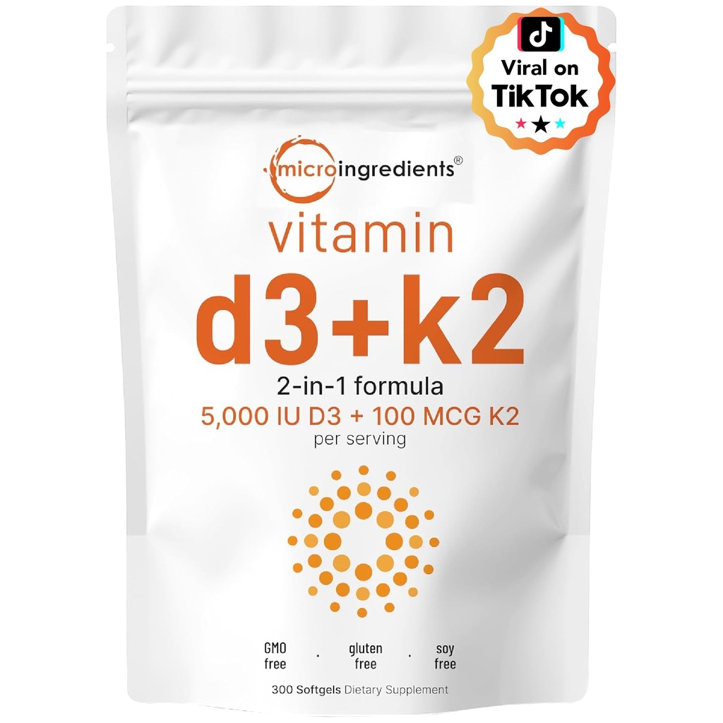 Micro Ingredients Vitamin D3 5 000 IU + K2 MK- 7 100 mcg, 300 Softgels IR 124; 2- in-1 Vitamíny D & K Complex IR 124; Extra Strength, Easy to Swallow, Non- GMO, Gluten Free