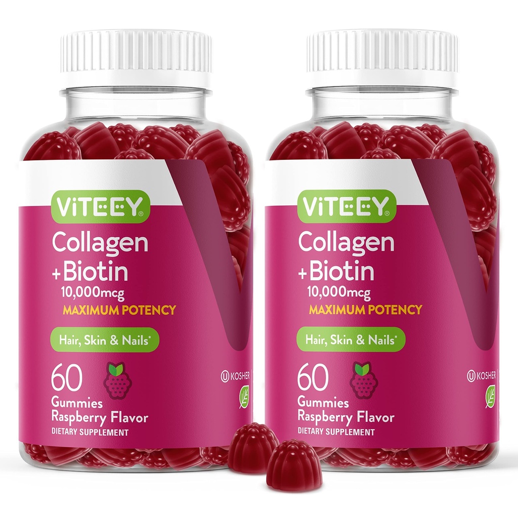 Viteey kolagen gumy s biotin gumy pro vlasy kůže a nehty Vitaminy - Biotin a kolagen doplňky pro ženy a muže - Vegan, gluten- Free - 120 Počet