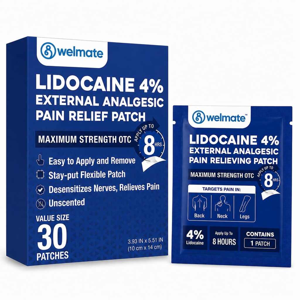 WELMATE - 4% Lidokain Numbing Patch - Maximální síla - Dočasná úleva od bolesti, záda, krk, ramena, kolena, lokty, Menší kožní podráždění - Topický analogický nevonící - 30 ct