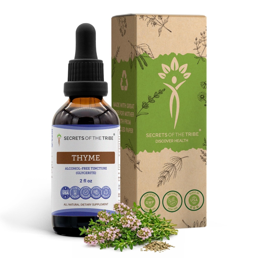 Tajemství Tribe Thyme Alcohol- Free Liquid Extract, tymián (Thymus Vulgaris) Sušený listový doplněk tinktury (2 FL OZ)