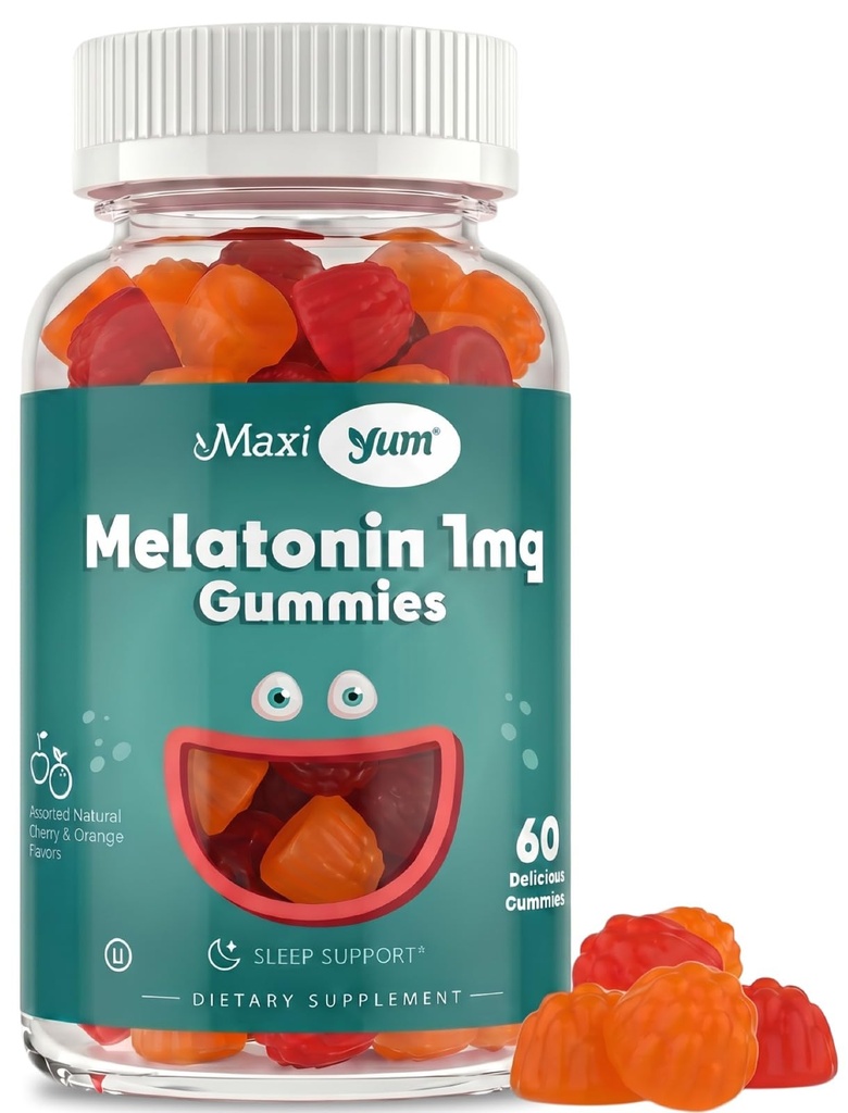 Maxi Health 1mg Melatonin Gummies - Děti Melatonin Chewables s přírodní třešňovou a oranžovou příchutí - Doplněk pomoci pro dospělé a děti Restful Nights (60 Počet)