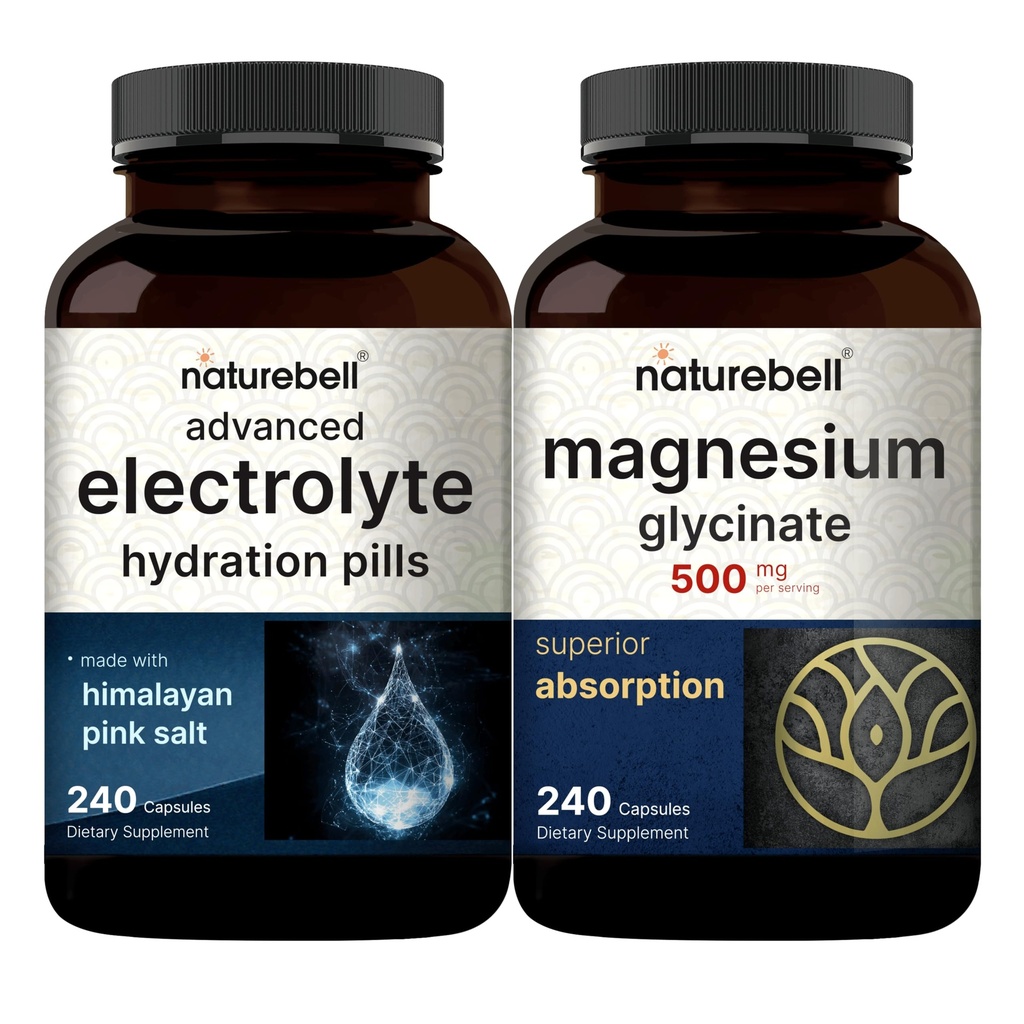 NatureBell Magnesium Glycinát Kapsle 500mg & Advanced Electrolyte Hydration Pills Bundle Pack 124; Chelated & Purified Mineral Capsule 124; Fast Hydrating Keto Electrolytes