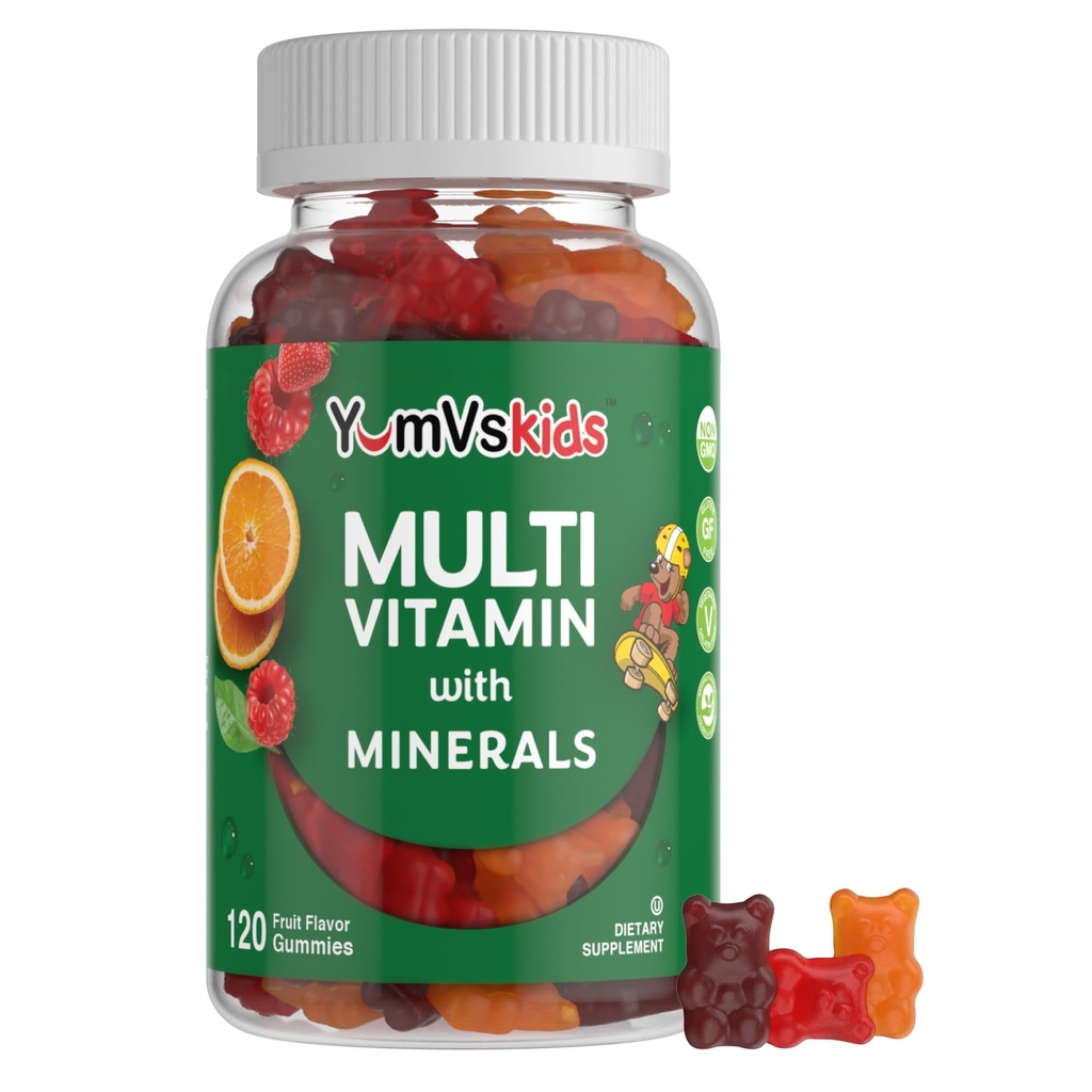 YumVs Děti Multivitamin Gummies - Ovoce ochucené žvýkací Dětský Multivitamin - Děti Vitamíny Multivitamin Gummy s 12 Minerály & Vitamíny A C D3 E B6 B12 (120 Počet (balení po 1))