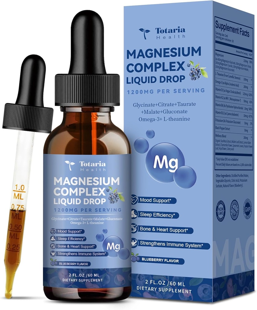 21 in 1 Magnesium Glycinát komplexní kapalná kapka s vitaminem D3, K2, B6 & B12 Plus L- Theanine Omega33 Moss Extract for Energy, Sleep, Joint, Heart Health Sugar Free Blueberry Flavor, 2 Fl Oz
