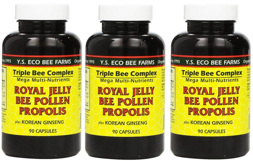 Y.S. Eco Bee Farms, (3 Pack) Royal Jelly, Bee Pollen, Propolis, Plus Korean Ginseng, 90 Kapsle