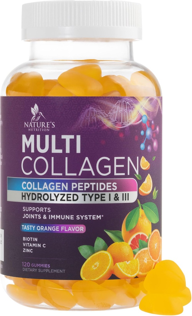 Kolagen Peptidy Gummies s 2500 mcg Biotin - Hydrolyzovaný protein typu I & III Multi kolagen dodatek s vitaminem C & zinek - Podpora pro vlasy, pleť, nehty, chutné pomerančové aroma - 120 Gumy