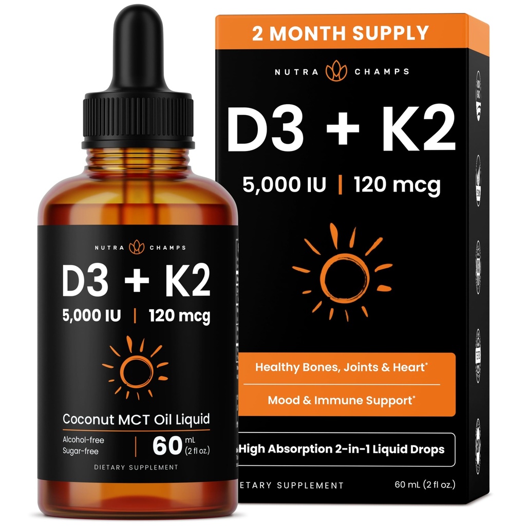 NutraChamps Vitamin D3 K2 Kapky, Tekutý Vitamin D3 5000 IU & K2 D3 s MK7, Vitamin D Kapky pro děti, Kosti, Srdce a imunitní zdraví, Tekutý Vitamin D v MCT Oil pro lepší absorpci