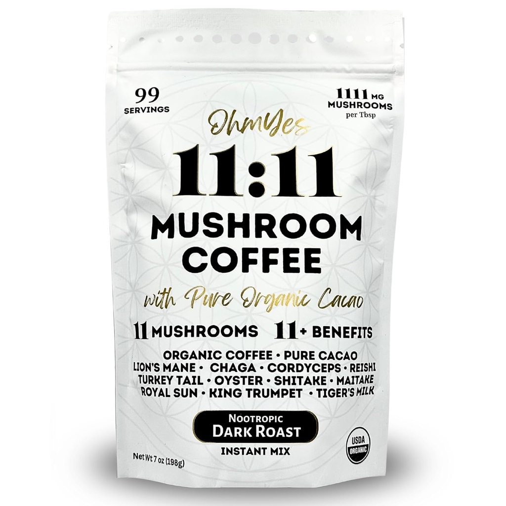 Ohmyes 11 Houba Káva s Cacao - 11 USA Grown Adaptogenic Houby for Focus, Clarity & Energy - Lion 's Mane, Reishi, Chaga + Nootropic Organic Superfood od od OhmYes (7oz) - 99 Servings