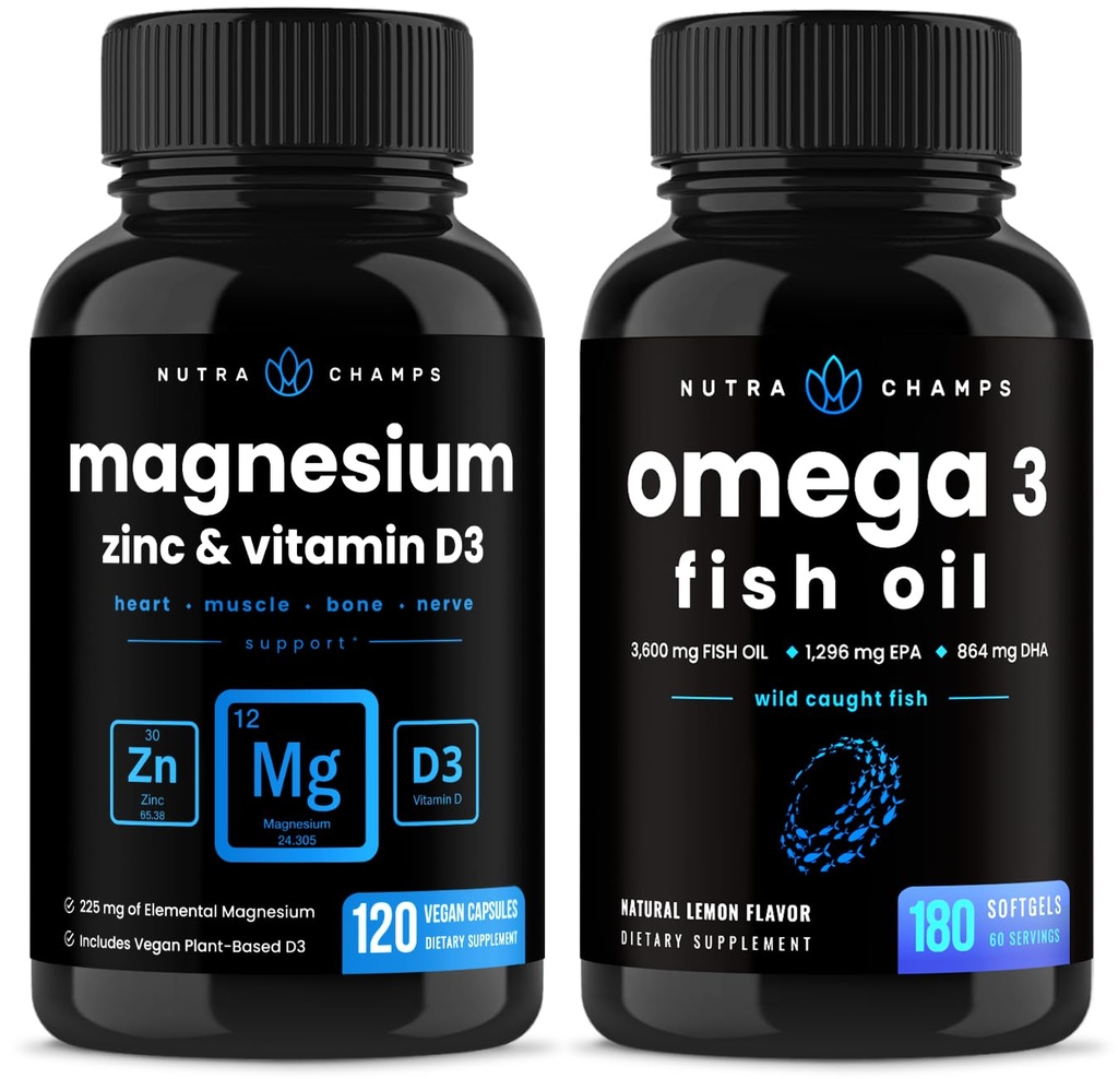 NutraChamps Magnesium Zinek & Vitamin D3 Kapsle a Omega 3 Rybí olejové kapsle 2 Balení Bundle