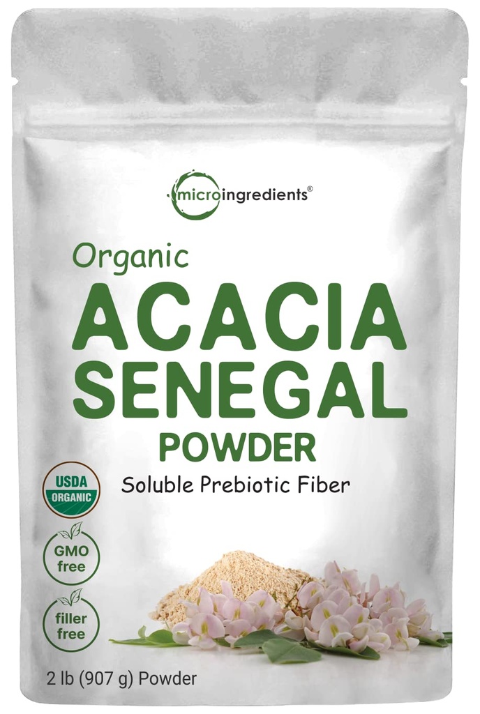 Micro Ingredients Organic Acacia Senegal Fiber Powder, 2 lb IB 124; Instant Soluble Fiber IR 124; Plant- based Prebiotic for Gut & Digestive Health IR 124; Non- GMO, gluten- Free, Vegan