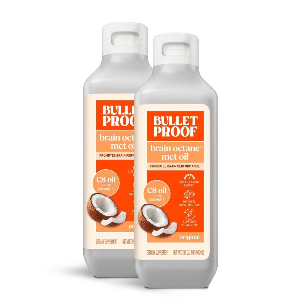Neprůstřelný mozek Octan C8 MCT Oil, 32 Ounces (balení po 2), Keto doplněk pro trvalou energii a metabolismus podporu, Balení květen Vary