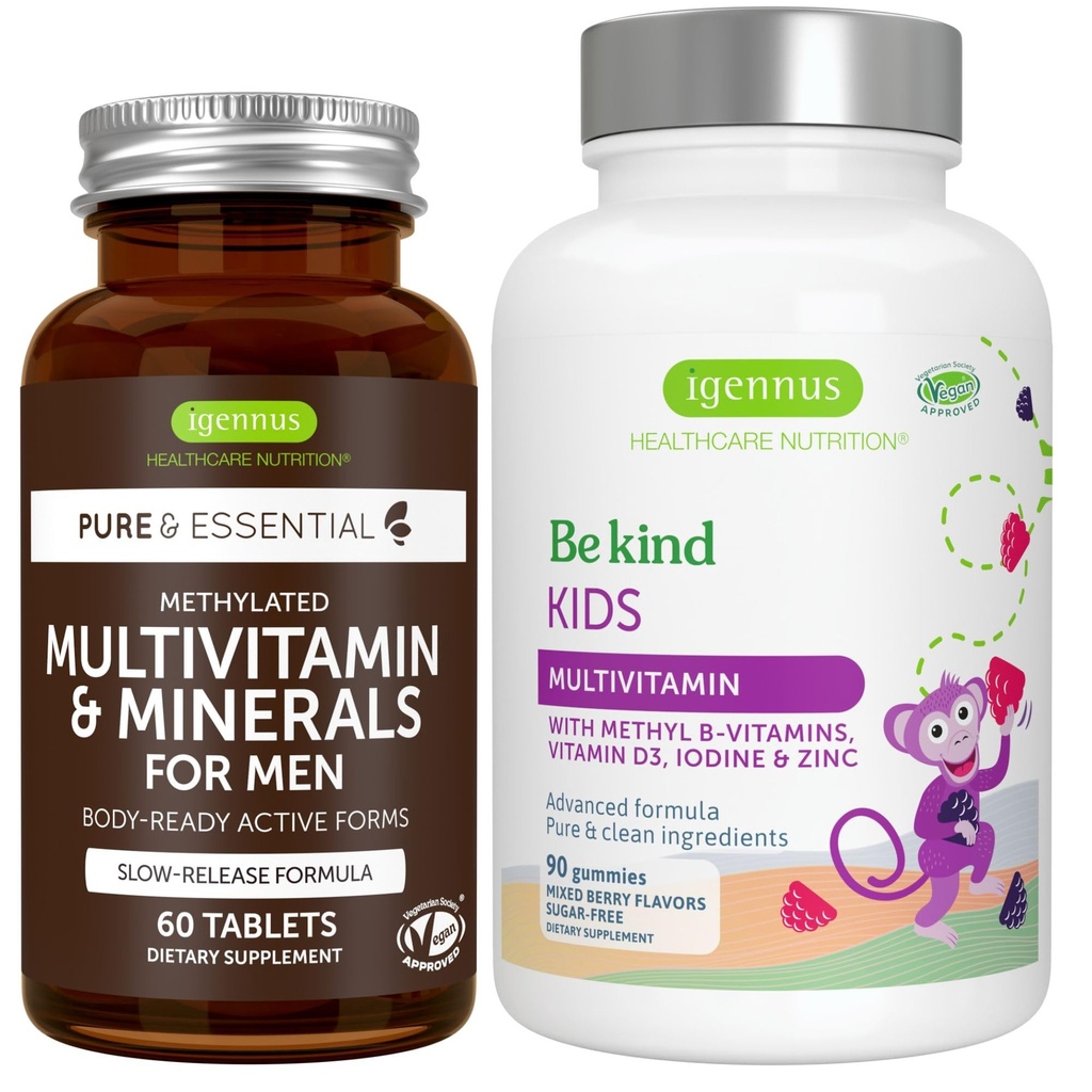 Multivitamin & Minerály pro muže + Pokročilé děti Multivitamin Gummy Vegan Bundle, s methylovanými B- vitaminy, vitamin A, C, D3 & E, čisté štítek, 60 tablet + 90 Berry Flavor Gummies, od Igennus