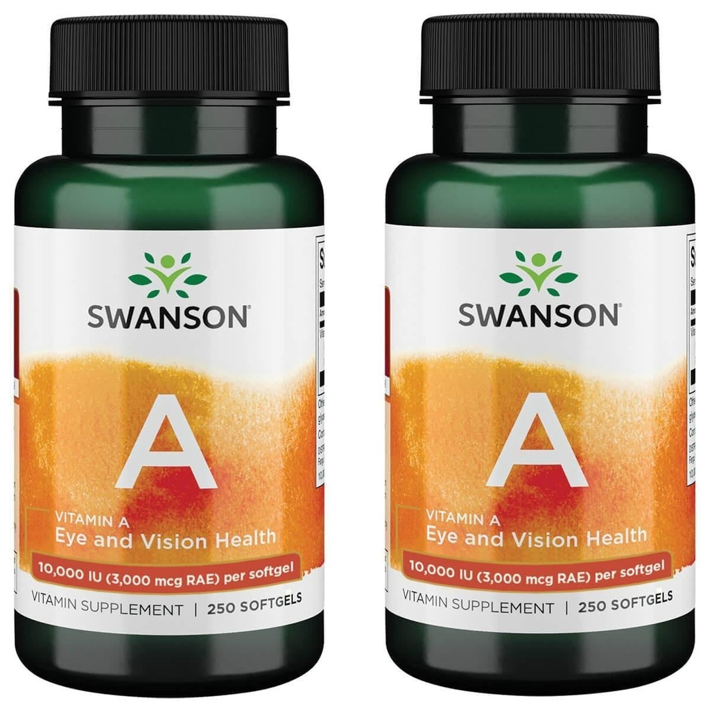 Swanson Vitamin A 10 000 IU (3 000 mcg RAE) Přírodní Žízeň pro kosti, zdraví kůže, podpora vizí a funkce imunitního systému - High Absorption Vitamin A 250 Softgels (2 balení)