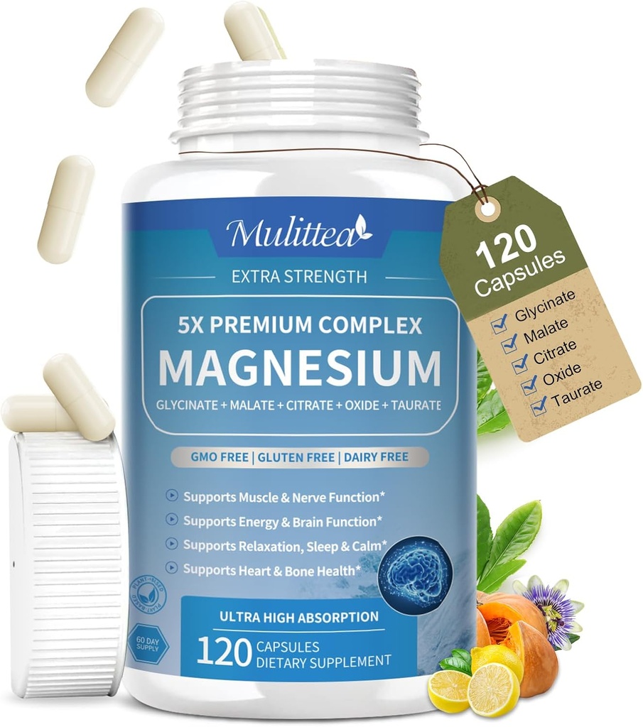 Komplexní magnesium Chelated Magnesium Glycinát w / Malate, Taurát & Bylinné extrakty pro podporu spánku, svalů, kortizolu a srdce zdraví, gluten zdarma, Vegan, non GMO, vysoká absorpce, 120 Kapsle