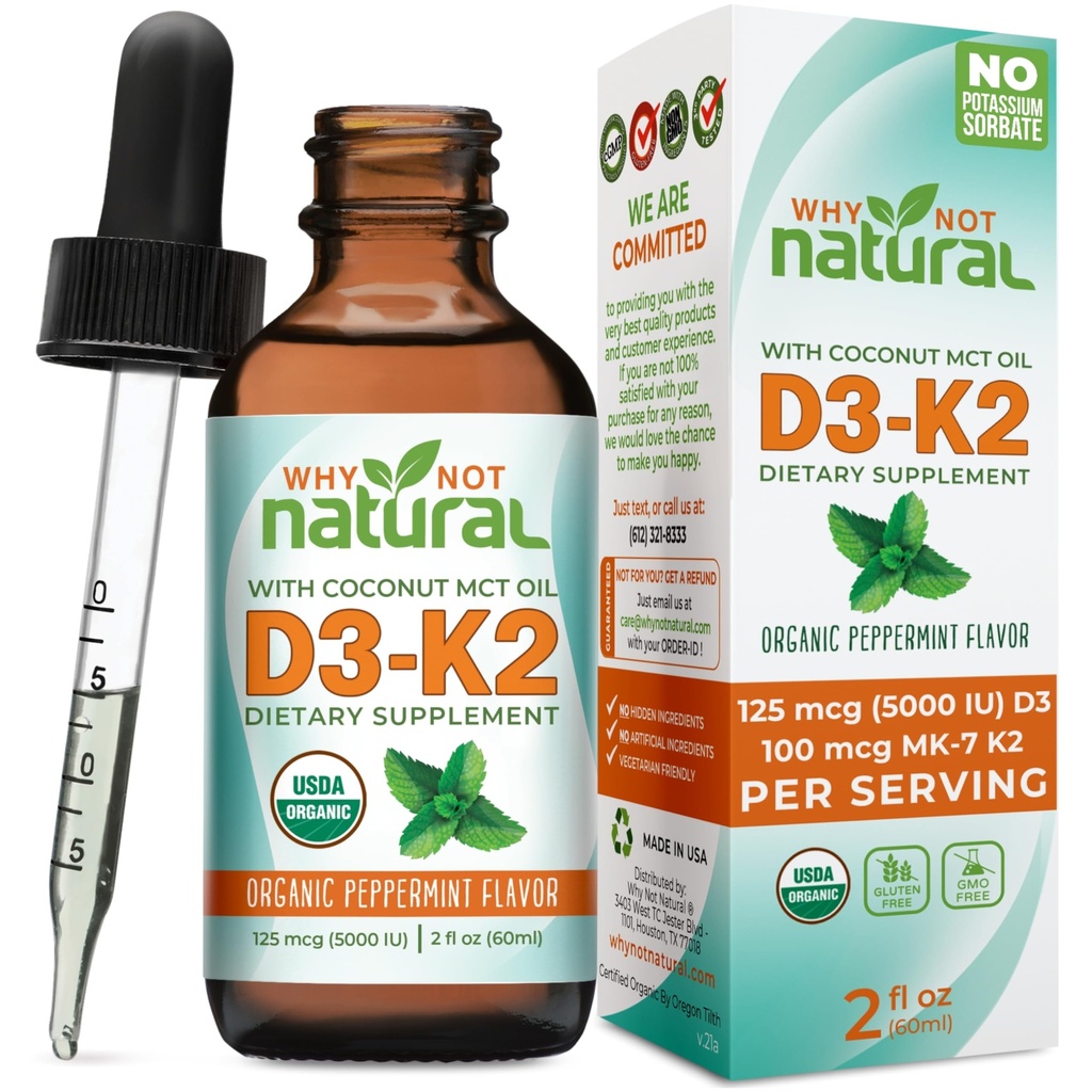 Proč ne přírodní organické vitamíny D3 K2 (MK-7) Tekuté kapky, 5000 IU sublingvální D3 s kokosovým MCT olejem, pro silné kosti a zuby, srdce a imunitní podpora
