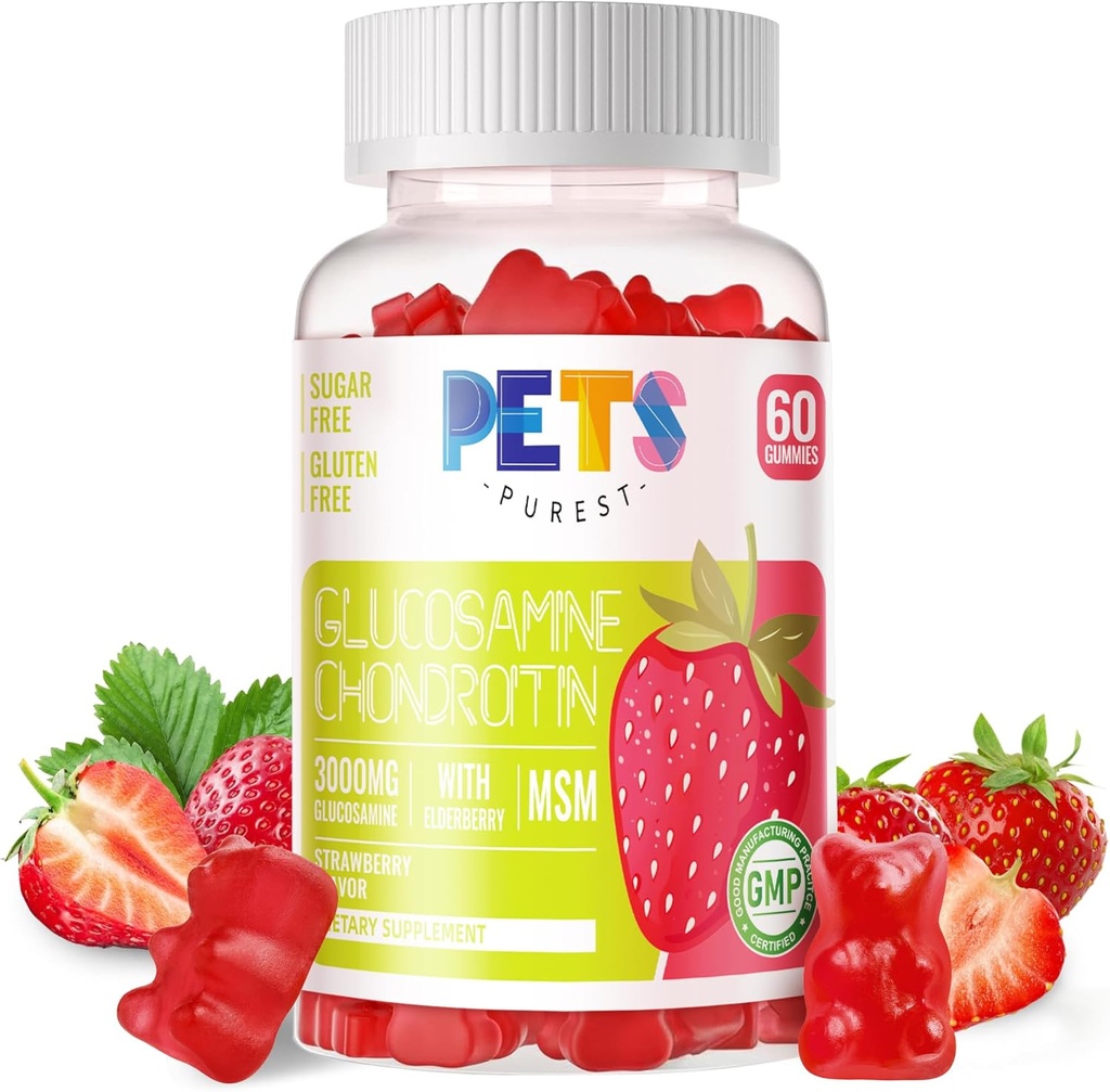 Purest Glucosamine Chondroitin Gummies s MSM & Elderberry Extra Strength - Společná podpora, Antioxidant Imunitní Supplement pro dospělé, muže a ženy. Jahody