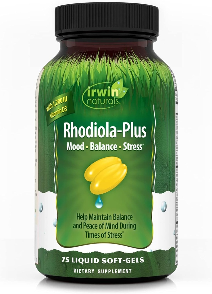 Irwin Naturals Rhoddiola- Plus - 75 Liquid Soft- Gels - Pomáhá udržet rovnováhu a klid mysli - s L- Theanine, Vitamin D3 & Magnesium - 25 Služeb