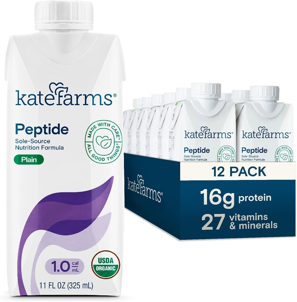 KATE FARMS Organic Adult Peptide 1.0 Formule, Plain, Sole- Source, Hydrolyzované Plant- Based Nutrition for Oral or Tube Feeding, 11 Fl oz (12 Pack)