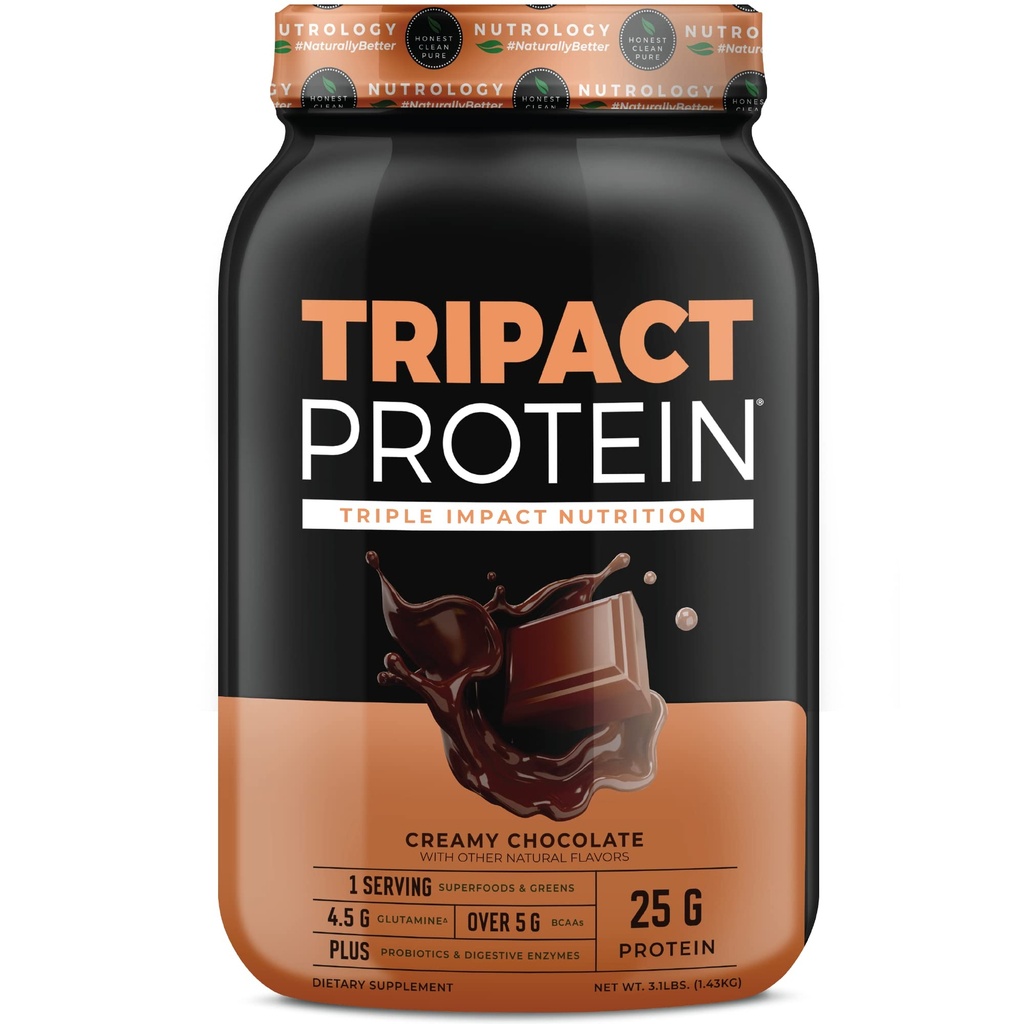 Nutrologie TRIPACT Protein Powder - 7- in-1 Strava Náhradní Shake s travou Fed syrovátkové bílkoviny prášek, Pea, Rýže, Zelená pro svalovou obnovu & imunitu, krémová čokoláda Flavor, 40 Služeb