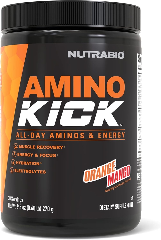 NutraBio Amino Kick - BCAA Powder with Natural Caffeine - Amino Acids Supplement for Energy, Hydration & Recovery - BCAA, Electrolytes & Amino Acids - Orange Mango, 30 Servings