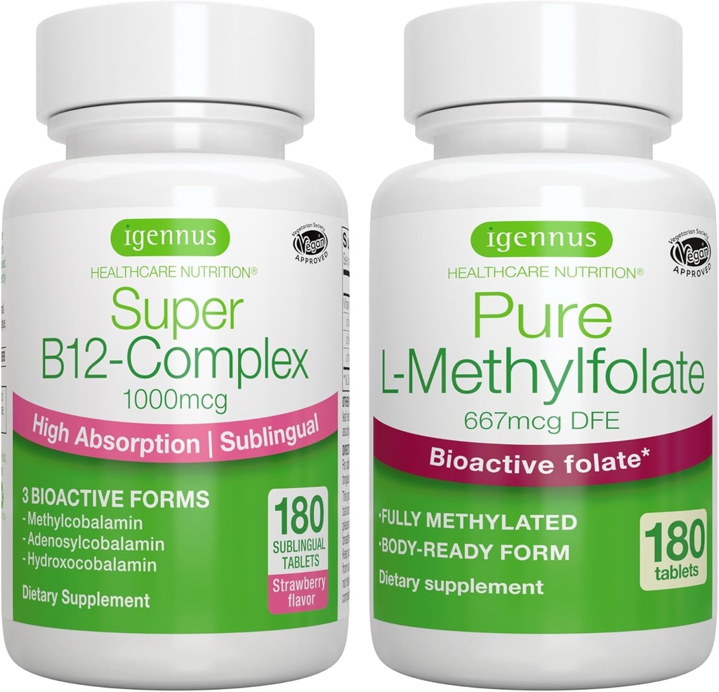 Super B12-Complex 1000mcg + čistý folát 400mcg Vegan Bundle, vysoká absorpce Sublingvální vitamin B12 s methylkobalaminem, Adenosylkobalamin & Hydroxokobalamin + Optimalizovaný L- methylfolát, Igennus