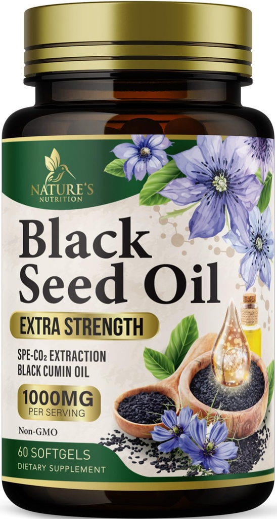 Black Seed Oil Softgels 1000mg - Premium Nigella Sativa Blackseed, Pure Natural Black Cumin Seed Oil & Antioxidant for Skin & Imunitation Support - Non GMO, Lahve v USA Dodatek - 60 Softgels