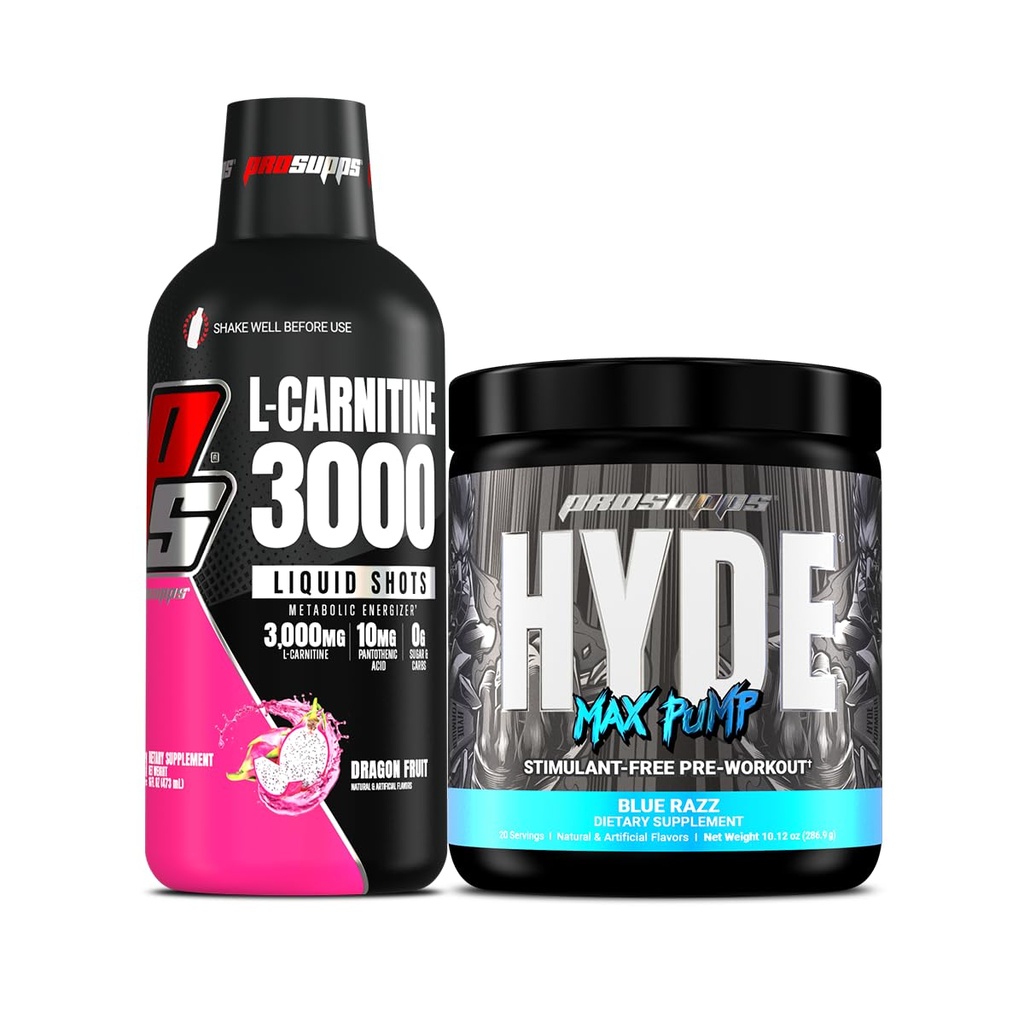PROSUPPS L- karnitin 3000 stimulant zdarma tekuté střely (31 Sluhy, Dragon Ovoce) a Hyde Max Pump Pre Workout pro muže a ženy (20 Služeb, Blue Razz) Bundle