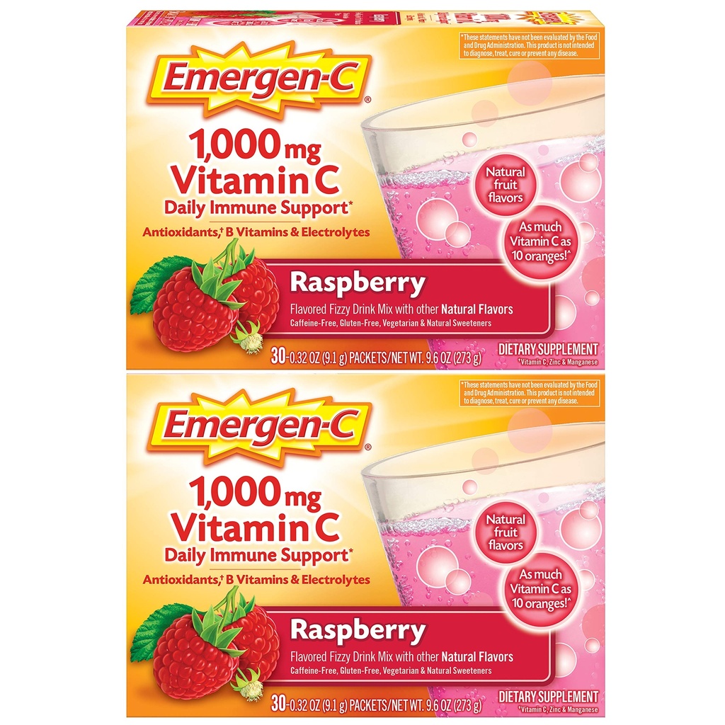 Emergen- C 1000mg vitamin C prášek, s antioxidanty, B vitaminy a elektrolyty, vitamín C doplňky pro imunitní podporu, kofein zdarma nápoj mix, Malina Flavor - 60 Počet / 2 měsíce Dodávka