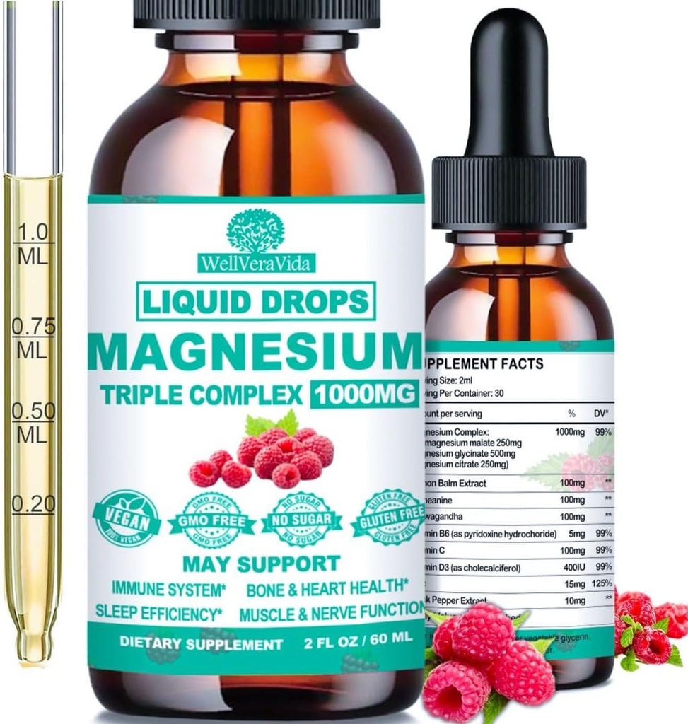 Triple Magnesium Complex, 500 mg Glycinátu hořečnatého, Citrát & Malate w. Vitamin D3 K2, Chelated Forms High Absorption, Liquid Magnesium Complex w / B6 Zinek pro kosti, spánek, srdce, energie Nerve