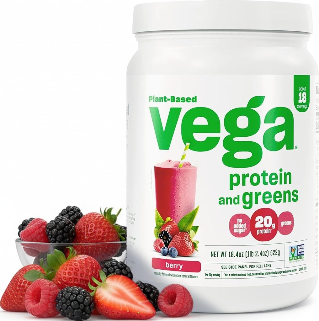 Vega Protein and Greens Protein Powder, Berry - 20g Plant Based Protein Plus Veggies, Vegan, Non GMO, Pea Protein for Women and Men, 1,2 kg (Balení May Vars)