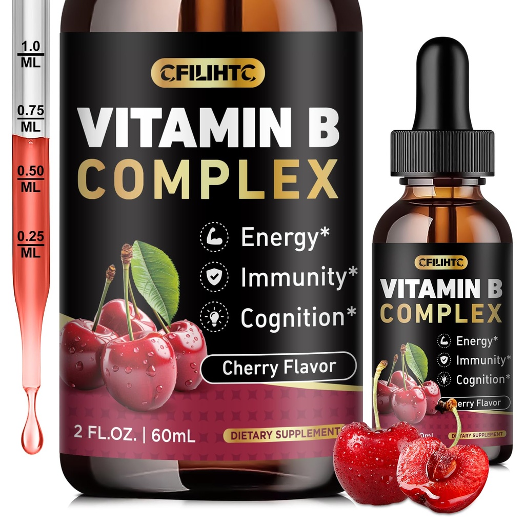 Vitamin B Complex Liquid Drops, B Vitamíny Komplexní dodatek s B1, B2, B3, B5 B6, B7, B9 & Methyl B12 Drops pro dospělé a děti, Vegan, Cherry Flavor