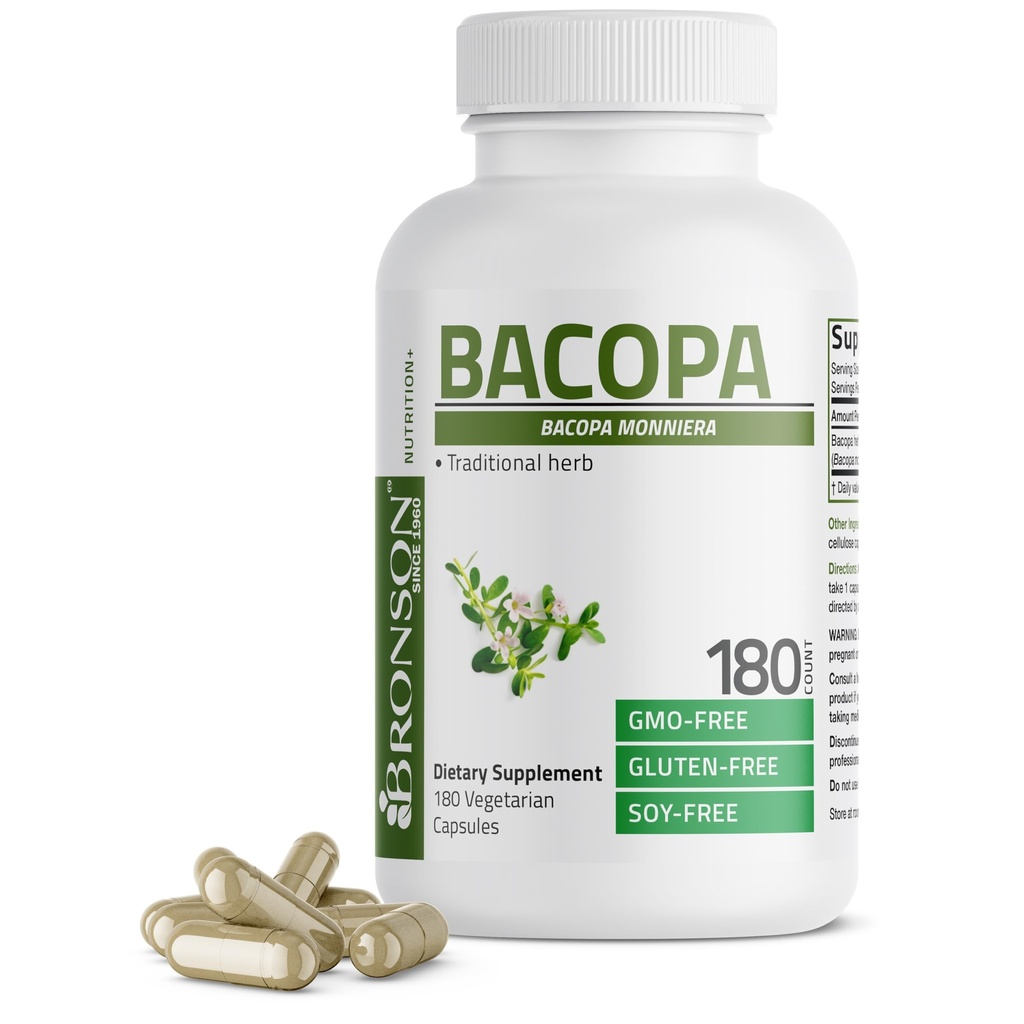 Bronson Bacopa podporuje zdravé funkce mozku a duševní výkonnost, tradiční Herb, non-GMO, 180 Vegetariánské kapsle