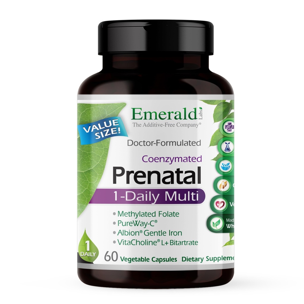 EMERALD LABS Prenatal 1- Daily Multi - Prenatal Multivitamin s methylovaným folátem, železo, Whole- Food Blend & More - Soy- Free, gluten- Free - 60 Zeleninové kapsle