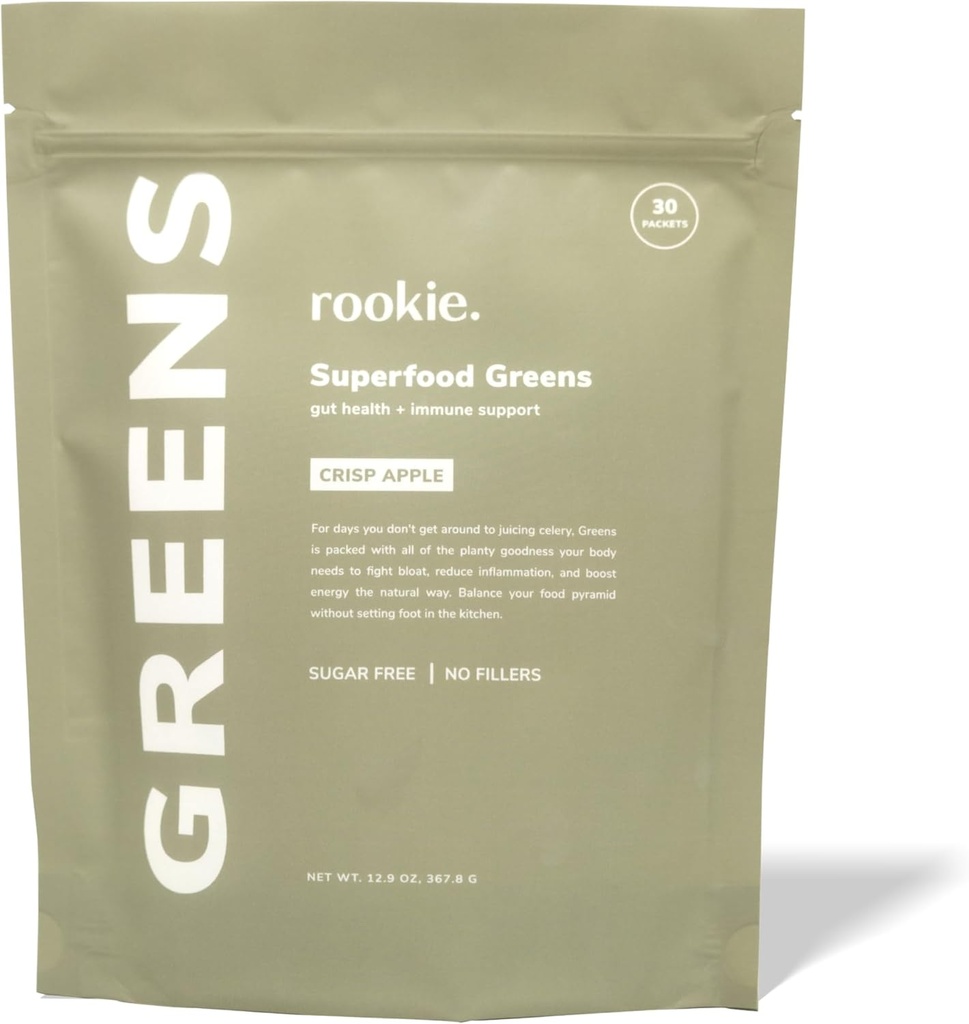 Rookie Wellness Green + Superfoods - Zelené Superfoods Powder Drink Made with Whole Food Sourced Ingredients Contains Vitamíny, Probiotika, Antioxidanty a Baobab Fiber (30 Servings, Crisp Apple)