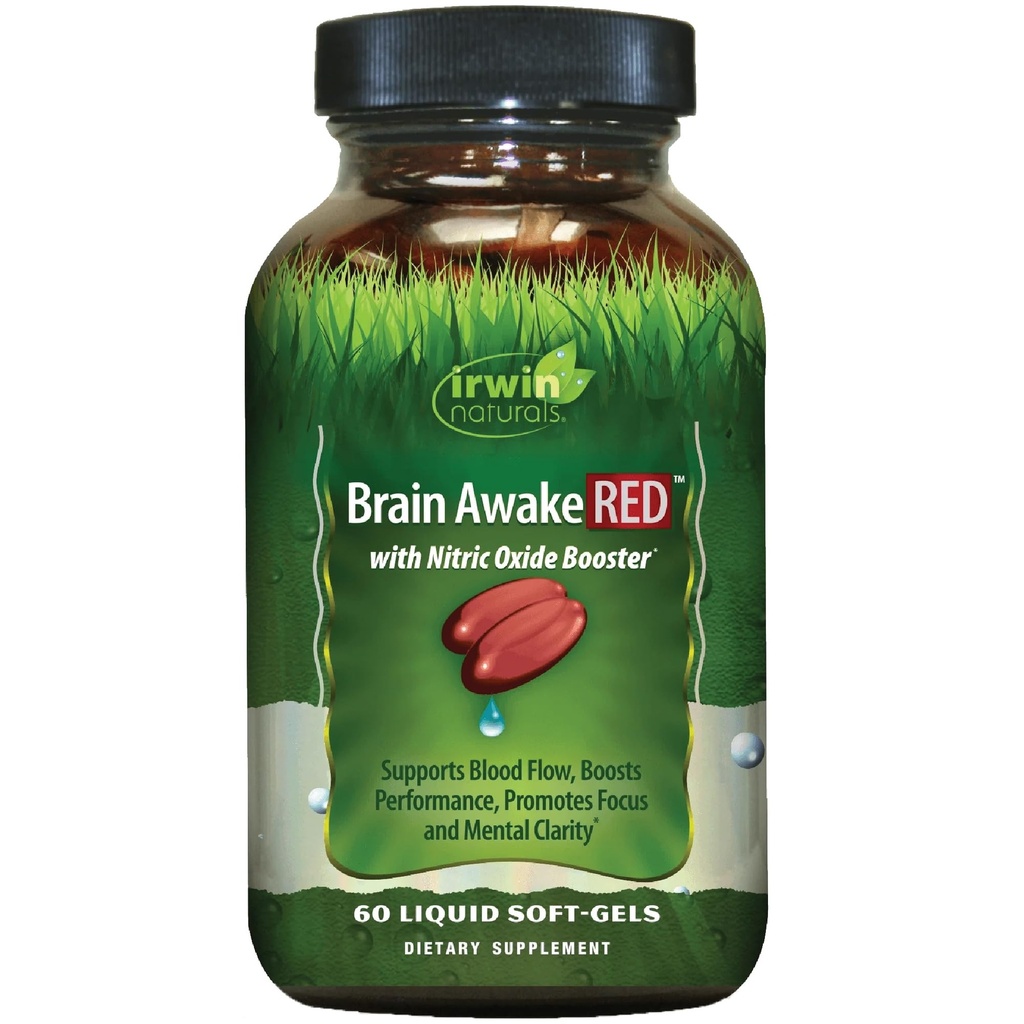 Irwin Naturals Brain Awake RED with Nitric Oxide Booster - 60 Liquid Soft- Gel - Podpora zdraví mozku a optimalizace výkonu - 20 Celkem služby