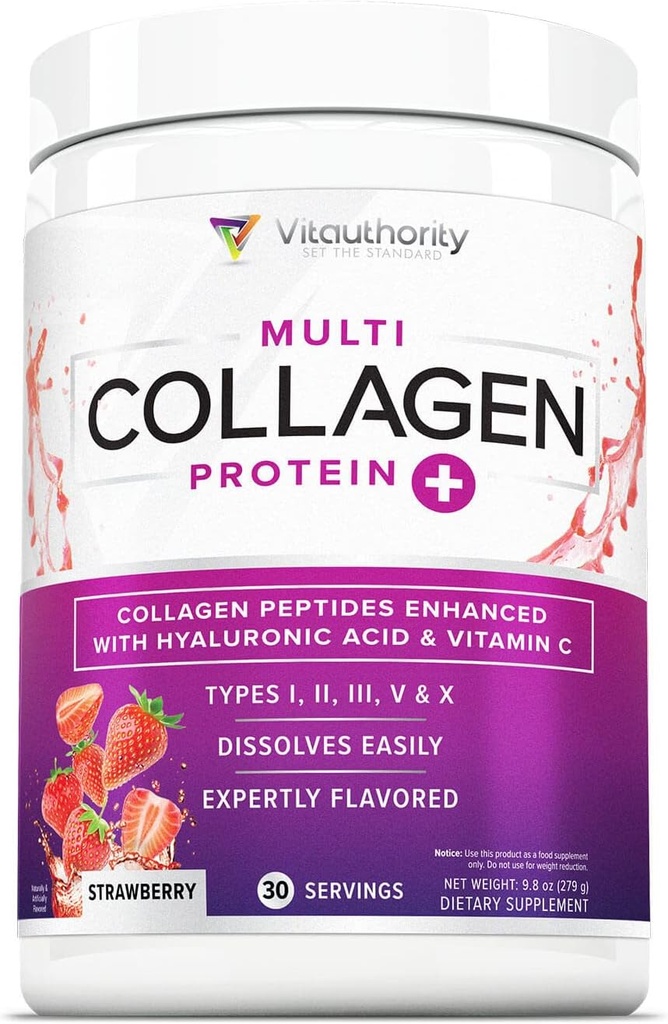 Multi kolagen Peptidy Prášek pro ženy - Hydrolyzované ochucené kolagen Prášek pro ženy s typy I II III V & X Vitamin C & Hyaluronic Acid pro vlasy kůže a nehty (Strawberry) - 30 Podání