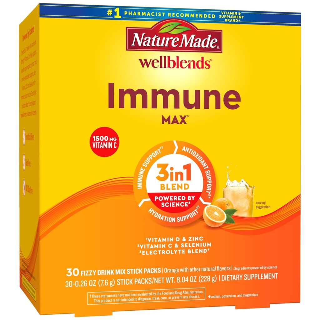 Nature Made Wellblends ImmuneMAX Fizzy Drink Mix, Vitamin C 1500mg, Zinek 15 mg, Vitamin D3 1000 IU (25 mcg), plus B Vitamíny a Electrolytes Hydration Blend, 30 Stick Packs
