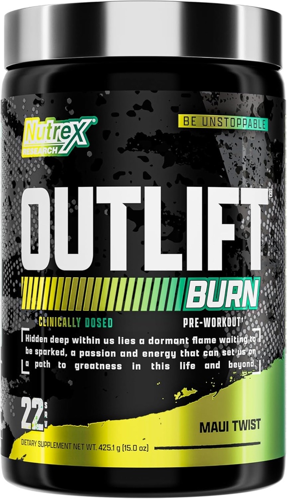 Nutrex Outlift Burn Pre- Workout Dodatek pro energii, Focus & Endurance 124; Izolate, L-Citrulline, Beta-Alanin & Caffeine 124; Termogenní vzorec pro výkon (22 Služeb, Maui Twist)