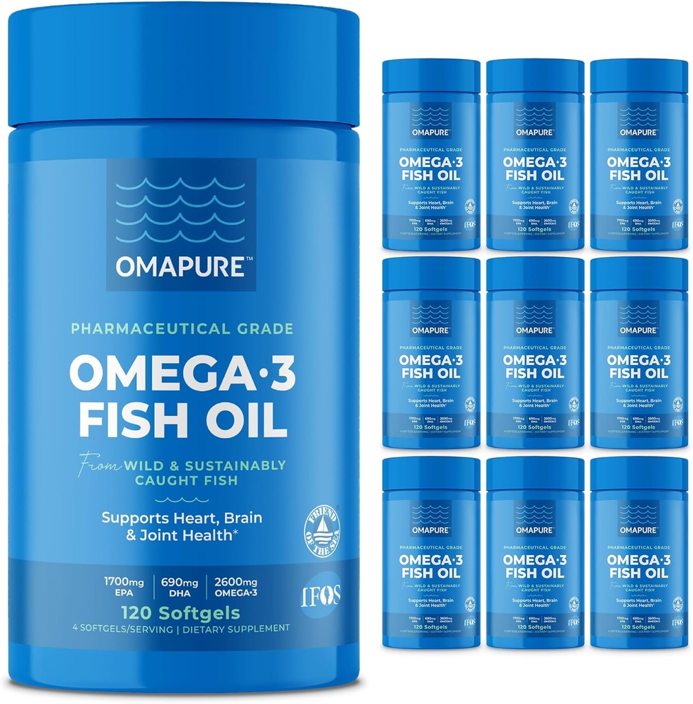 OMAPURE Wild Chycený Omega33 Doplňky s vysokou EPA & DHA (10 lahví, 120 Softgels) - Neškodlivý vzorec podporuje srdce a společné zdraví, Promotes funkce mozku